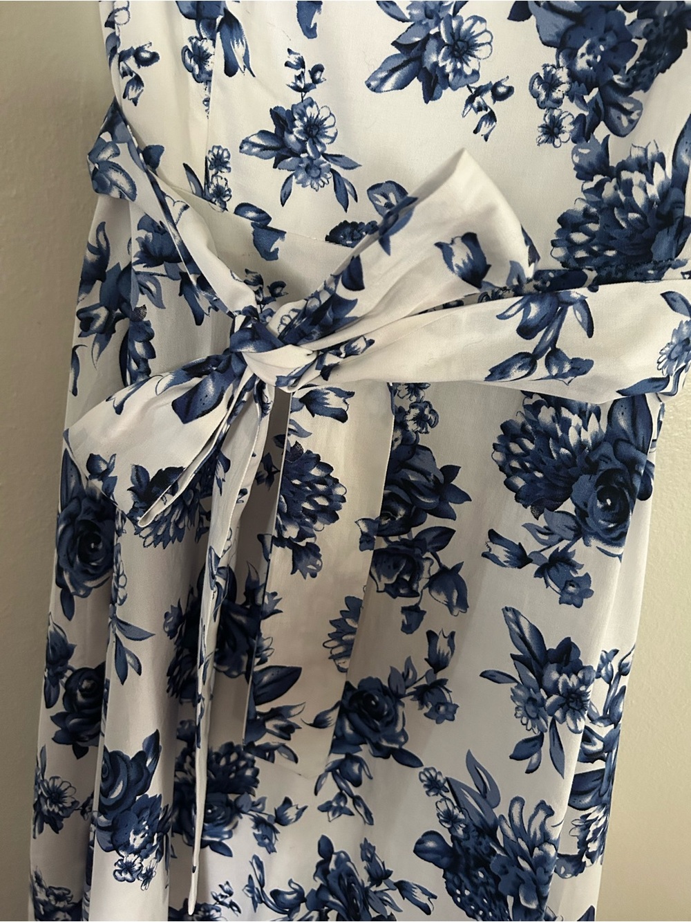 Blue Floral Midi Dress with Waist Tie - Picture 3 of 7